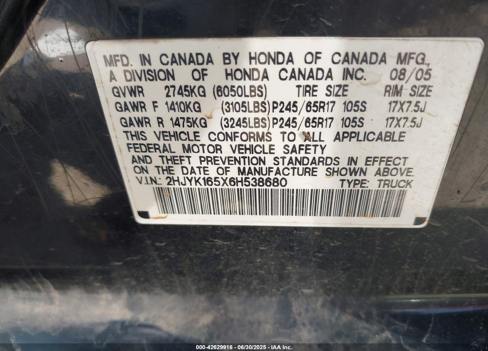 2006 HONDA RIDGELINE VIN: 2HJYK165X6H538680