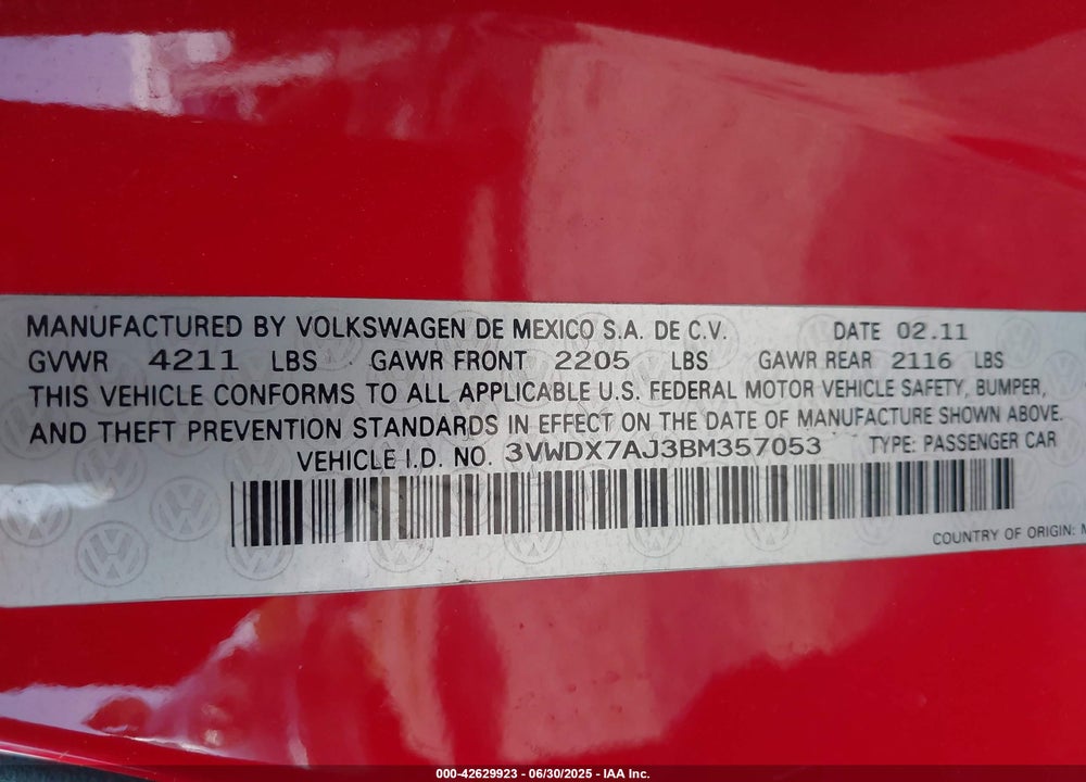 2011 VOLKSWAGEN JETTA VIN: 3VWDX7AJ3BM357053