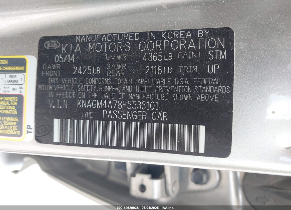 2015 KIA OPTIMA VIN: KNAGM4A78F5533101