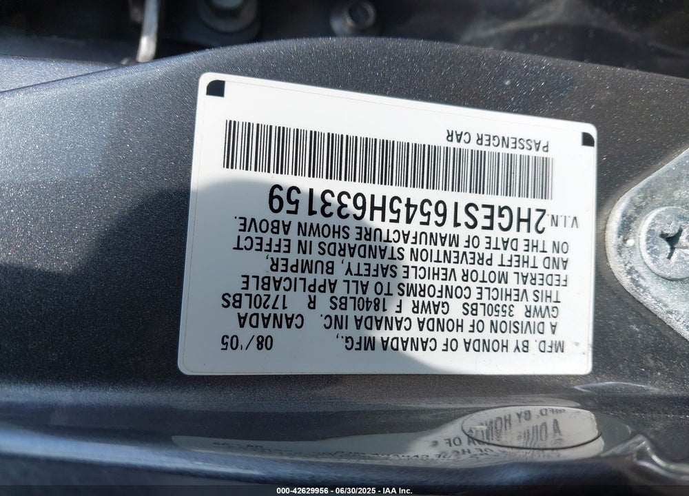 2005 HONDA CIVIC VIN: 2HGES16545H633159