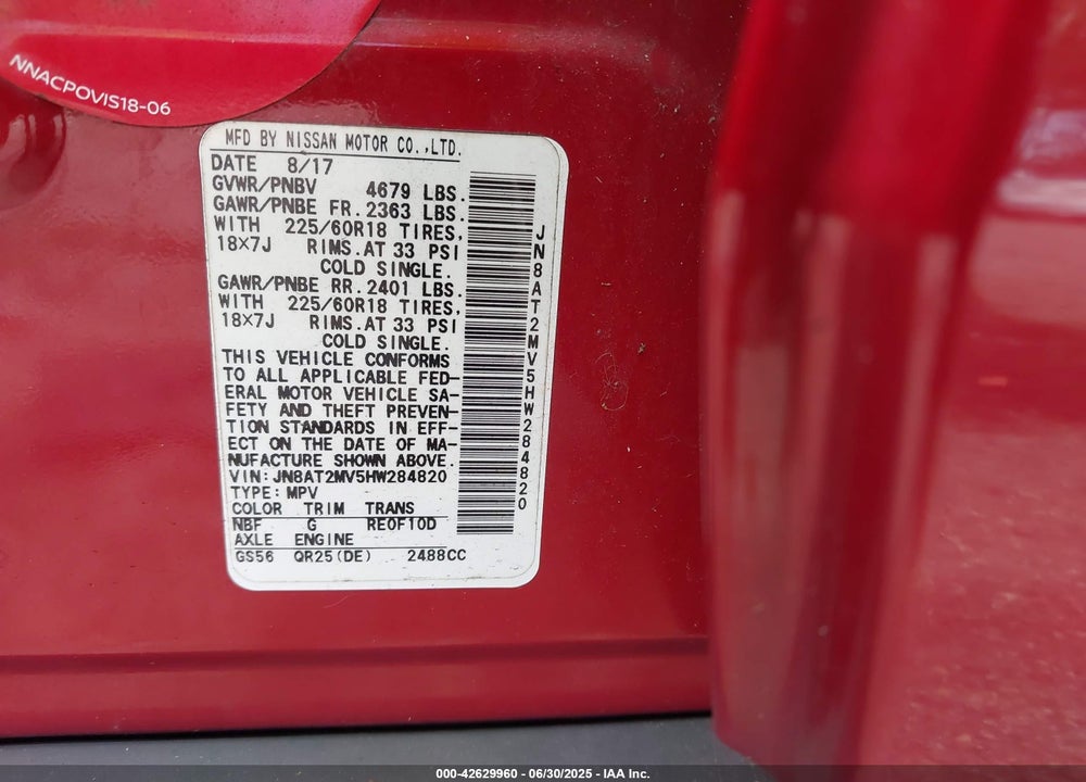 2017 NISSAN ROGUE VIN: JN8AT2MV5HW284820