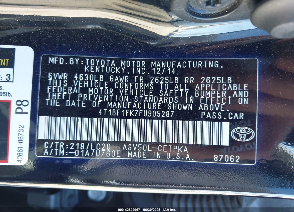 2015 TOYOTA CAMRY VIN: 4T1BF1FK7FU905287