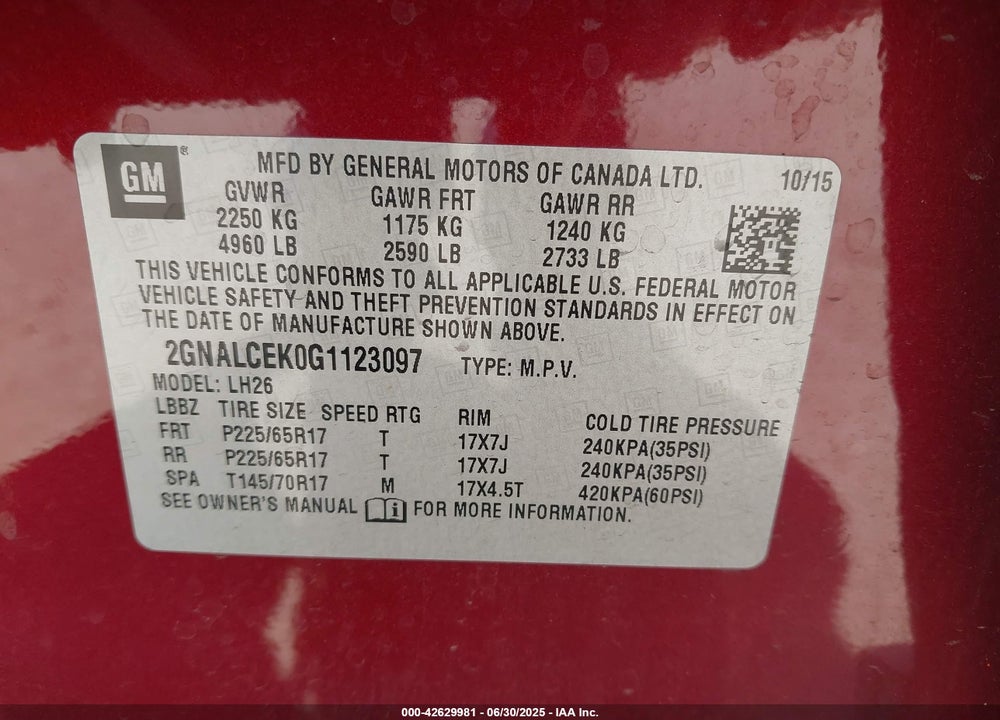 2016 CHEVROLET EQUINOX VIN: 2GNALCEK0G1123097