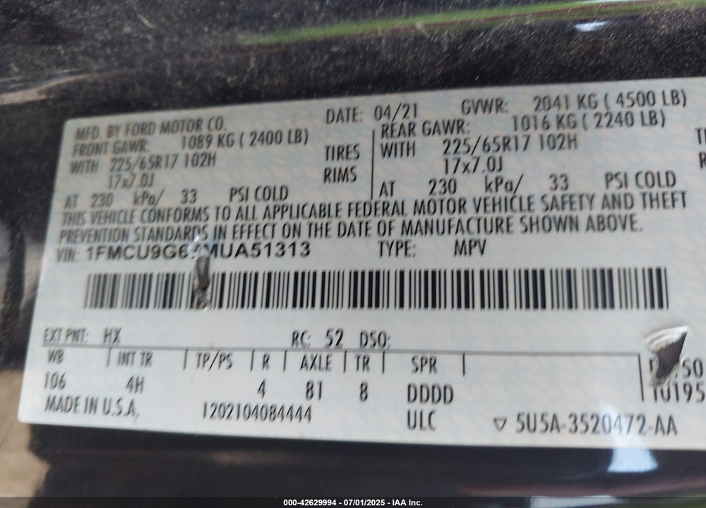 2021 FORD ESCAPE VIN: 1FMCU9G67MUA51313
