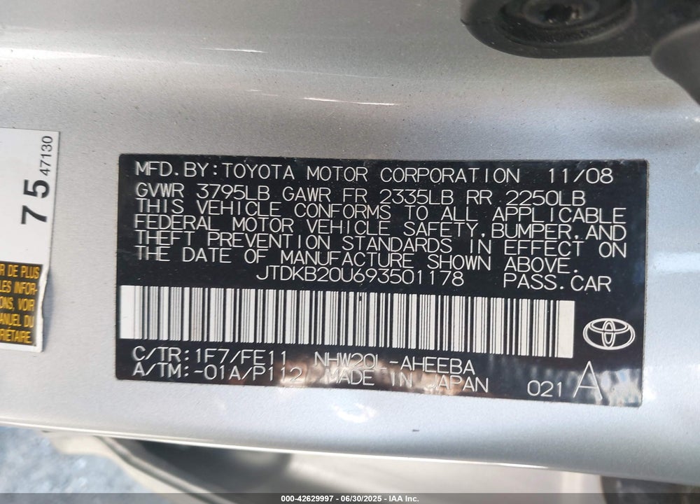 2009 TOYOTA PRIUS VIN: JTDKB20U693501178