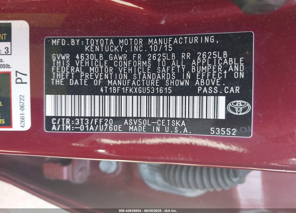 2016 TOYOTA CAMRY VIN: 4T1BF1FKXGU531615