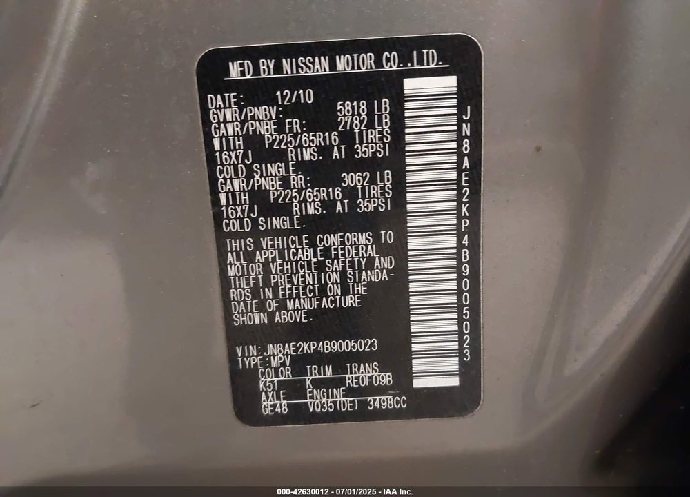 2011 NISSAN QUEST VIN: JN8AE2KP4B9005023