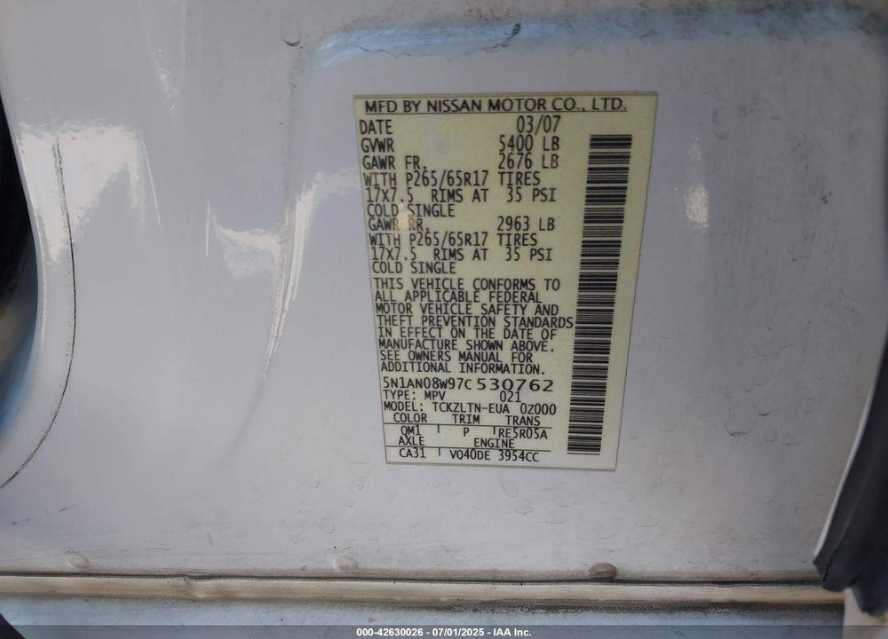 2007 NISSAN XTERRA VIN: 5N1AN08W97C530762