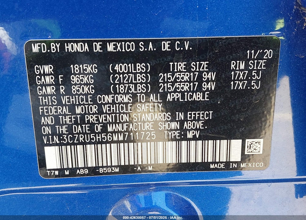 2021 HONDA HR-V VIN: 3CZRU5H56MM711725