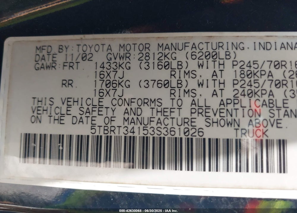 2003 TOYOTA TUNDRA SR5 V8 VIN: 5TBRT34153S361026