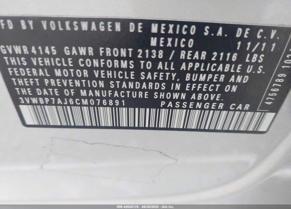 2012 VOLKSWAGEN JETTA VIN: 3VWBP7AJ6CM076891