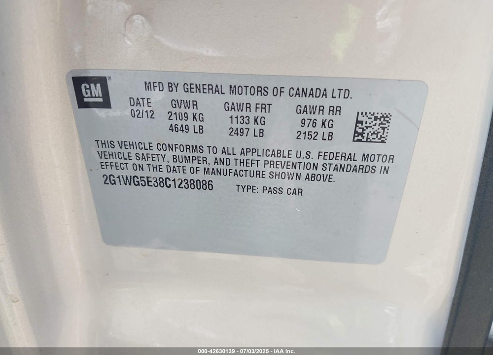 2012 CHEVROLET IMPALA VIN: 2G1WG5E38C1238086