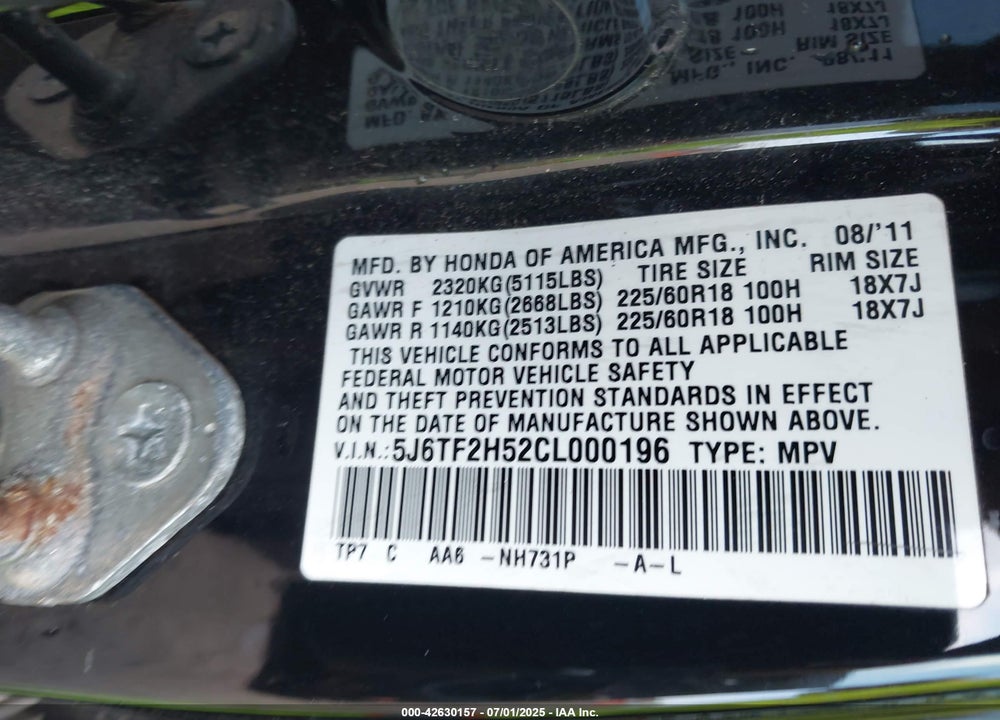 2012 HONDA CROSSTOUR VIN: 5J6TF2H52CL000196