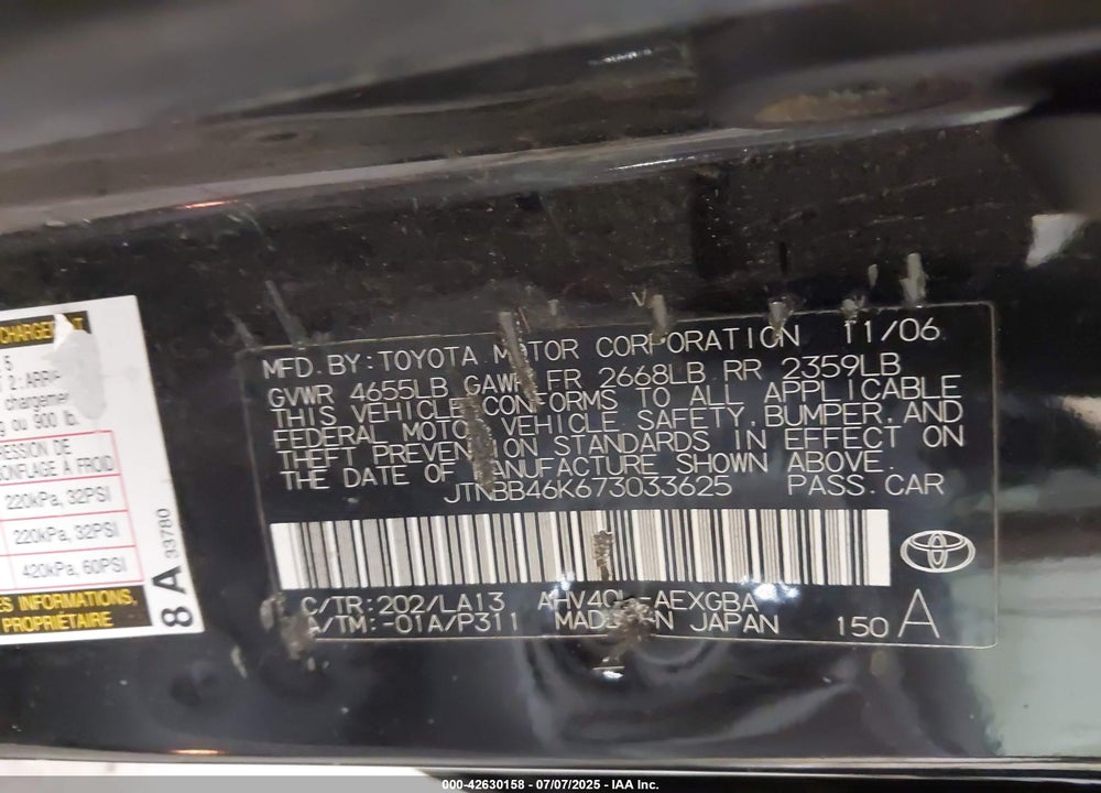 2007 TOYOTA CAMRY HYBRID VIN: JTNBB46K673033625