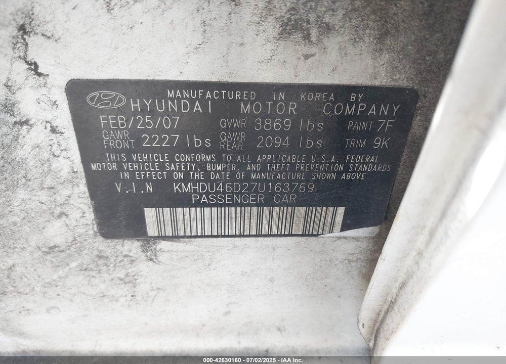 2007 HYUNDAI ELANTRA GLS/LIMITED/SE VIN: KMHDU46D27U163769