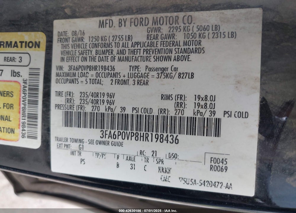 2017 FORD FUSION VIN: 3FA6P0VP8HR198436