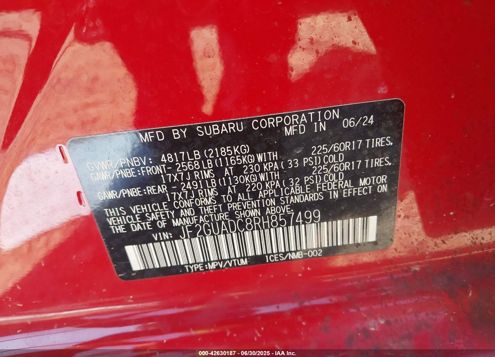 2024 SUBARU CROSSTREK PREMIUM VIN: JF2GUADC8RH857499