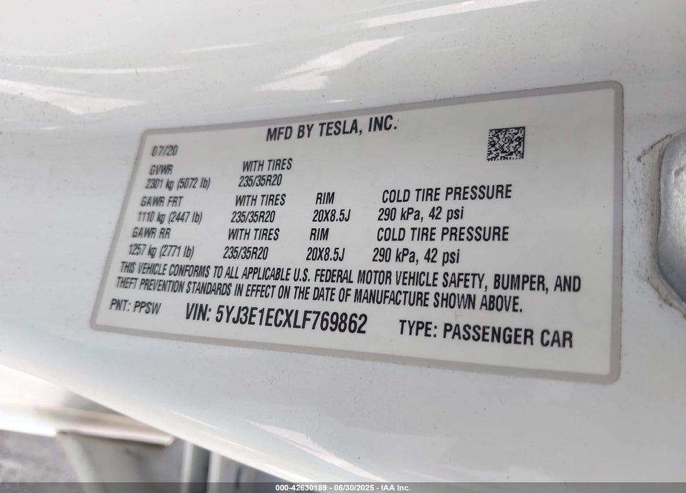 2020 TESLA MODEL 3 VIN: 5YJ3E1ECXLF769862