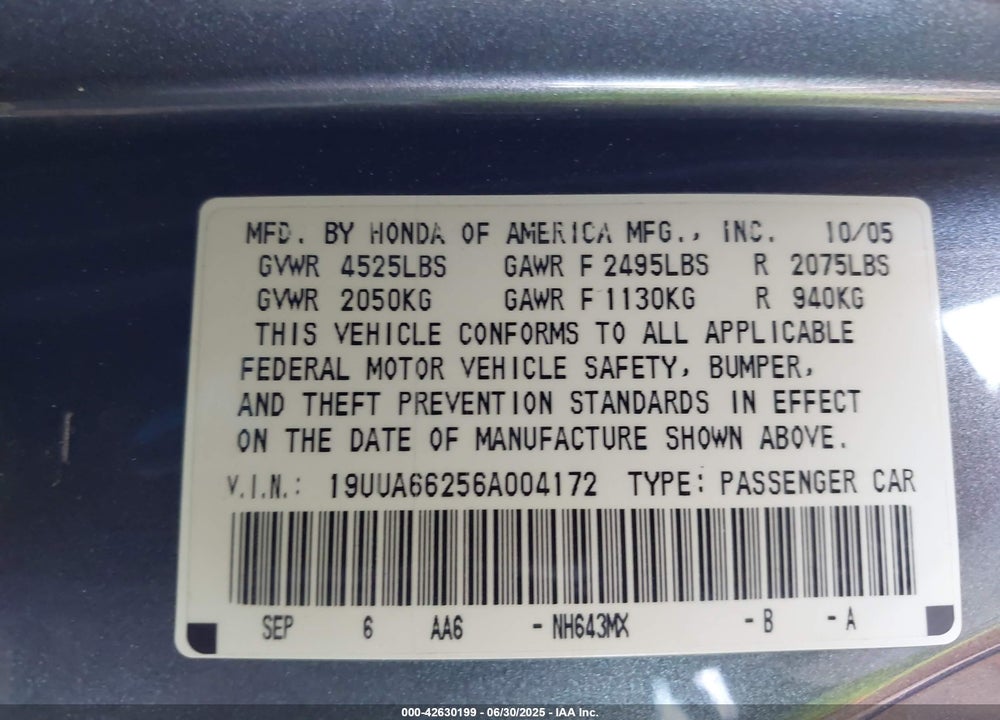 2006 ACURA TL VIN: 19UUA66256A004172