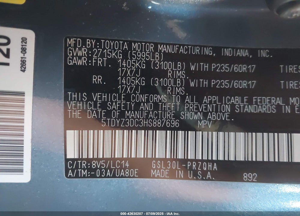 2017 TOYOTA SIENNA XLE 8 PASSENGER VIN: 5TDYZ3DC3HS887696