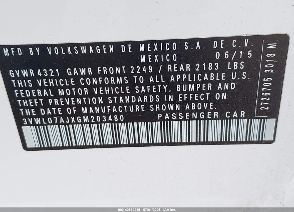 2016 VOLKSWAGEN JETTA VIN: 3VWL07AJXGM203480