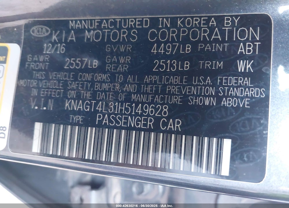 2017 KIA OPTIMA VIN: KNAGT4L31H5149628