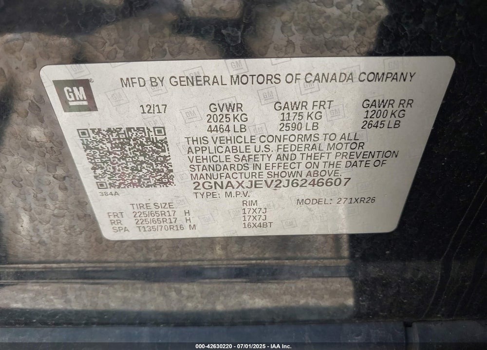 2018 CHEVROLET EQUINOX VIN: 2GNAXJEV2J6246607