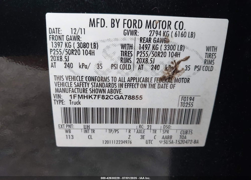 2012 FORD EXPLORER VIN: 1FMHK7F82CGA78855
