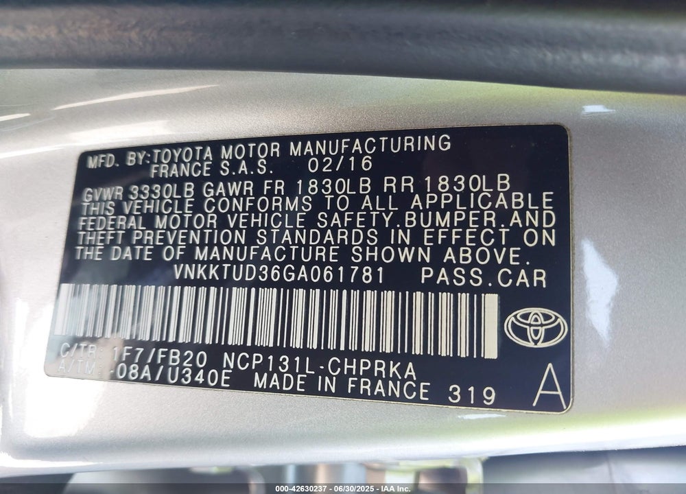 2016 TOYOTA YARIS LE VIN: VNKKTUD36GA061781