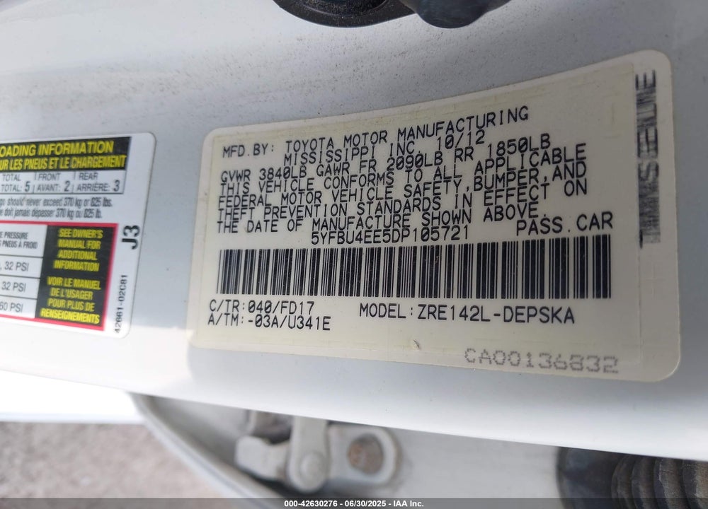 2013 TOYOTA COROLLA S VIN: 5YFBU4EE5DP105721