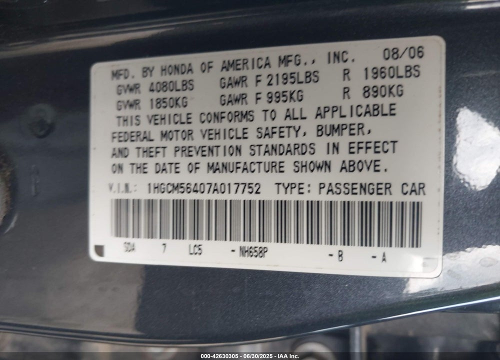 2007 HONDA ACCORD 2.4 LX VIN: 1HGCM56407A017752