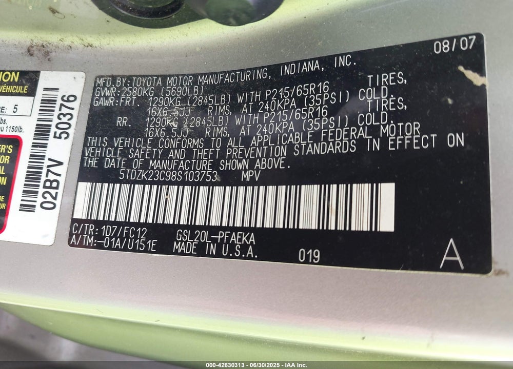 2008 TOYOTA SIENNA LE VIN: 5TDZK23C98S103753