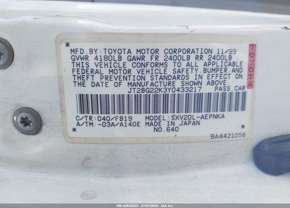 2000 TOYOTA CAMRY LE VIN: JT2BG22K3Y0433217