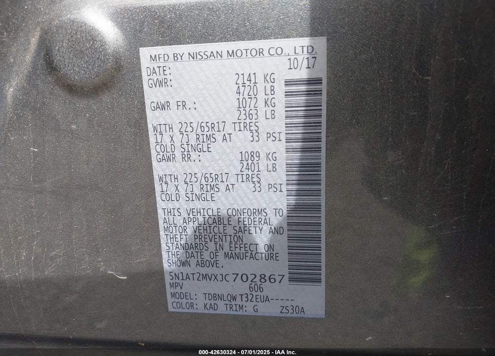 2018 NISSAN ROGUE VIN: 5N1AT2MVXJC702867