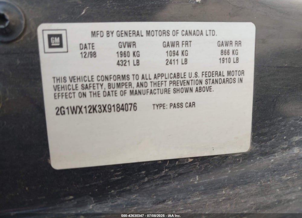 1999 CHEVROLET MONTE CARLO Z34 VIN: 2G1WX12K3X9184076