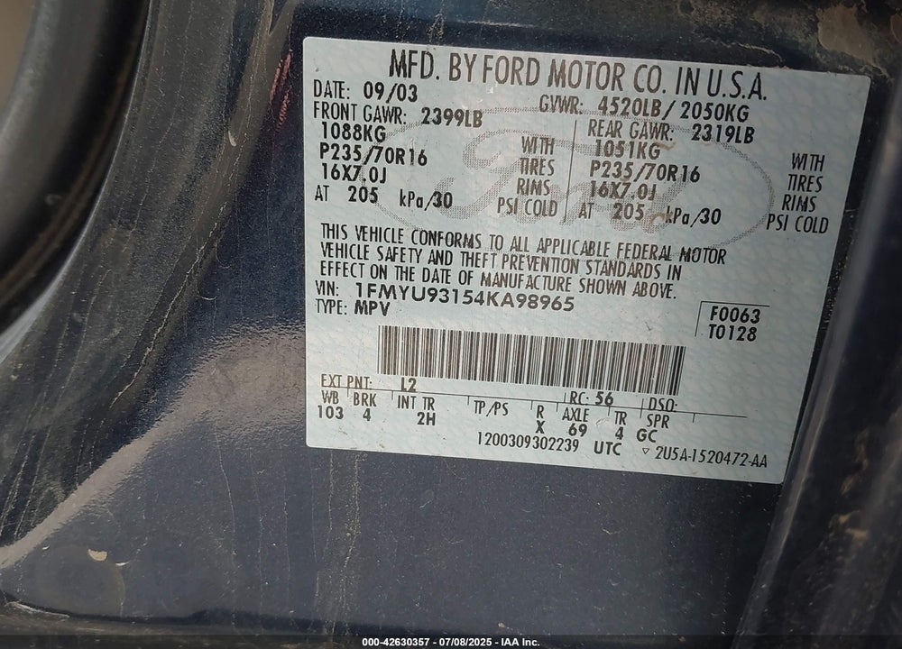 2004 FORD ESCAPE VIN: 1FMYU93154KA98965