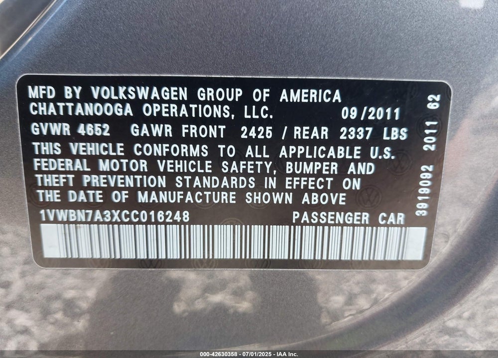 2012 VOLKSWAGEN PASSAT VIN: 1VWBN7A3XCC016248