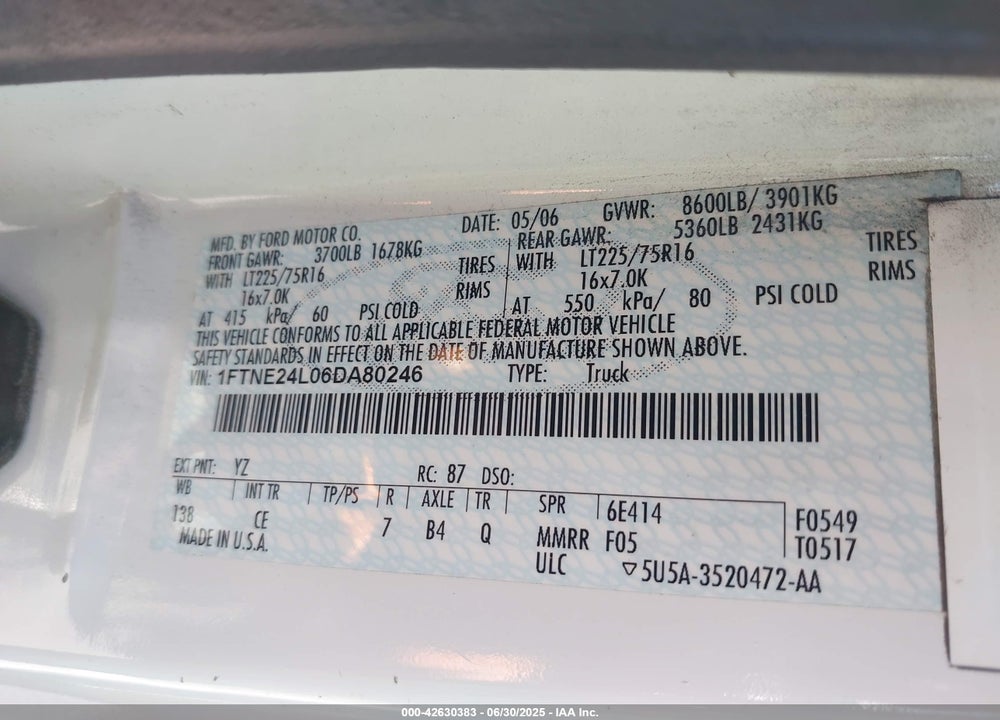 2006 FORD E-250 VIN: 1FTNE24L06DA80246