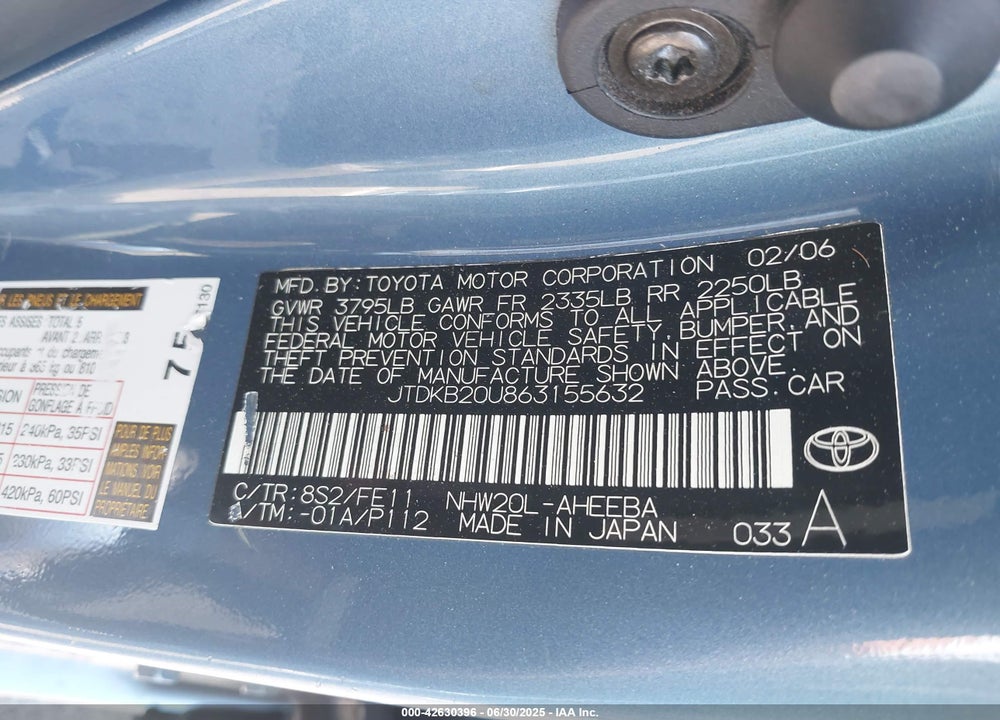 2006 TOYOTA PRIUS VIN: JTDKB20U863155632