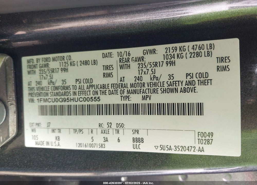 2017 FORD ESCAPE VIN: 1FMCU0G95HUC00555