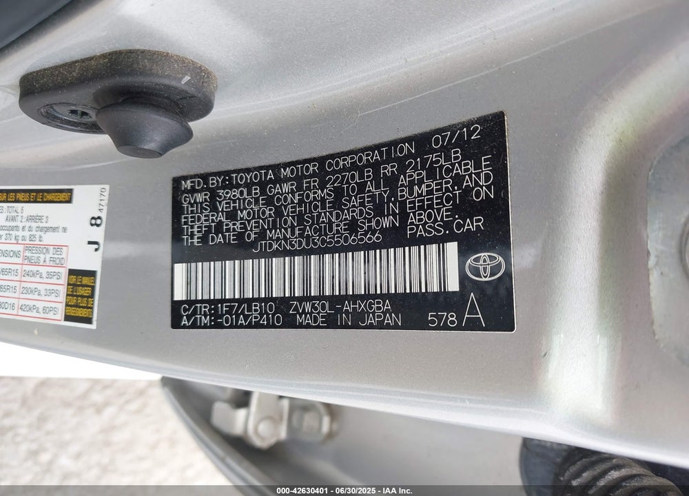 2012 TOYOTA PRIUS VIN: JTDKN3DU3C5506566