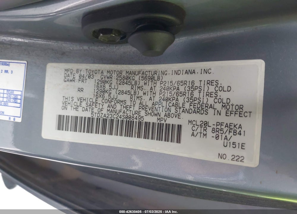 2004 TOYOTA SIENNA LE VIN: 5TDZA23C24S008495