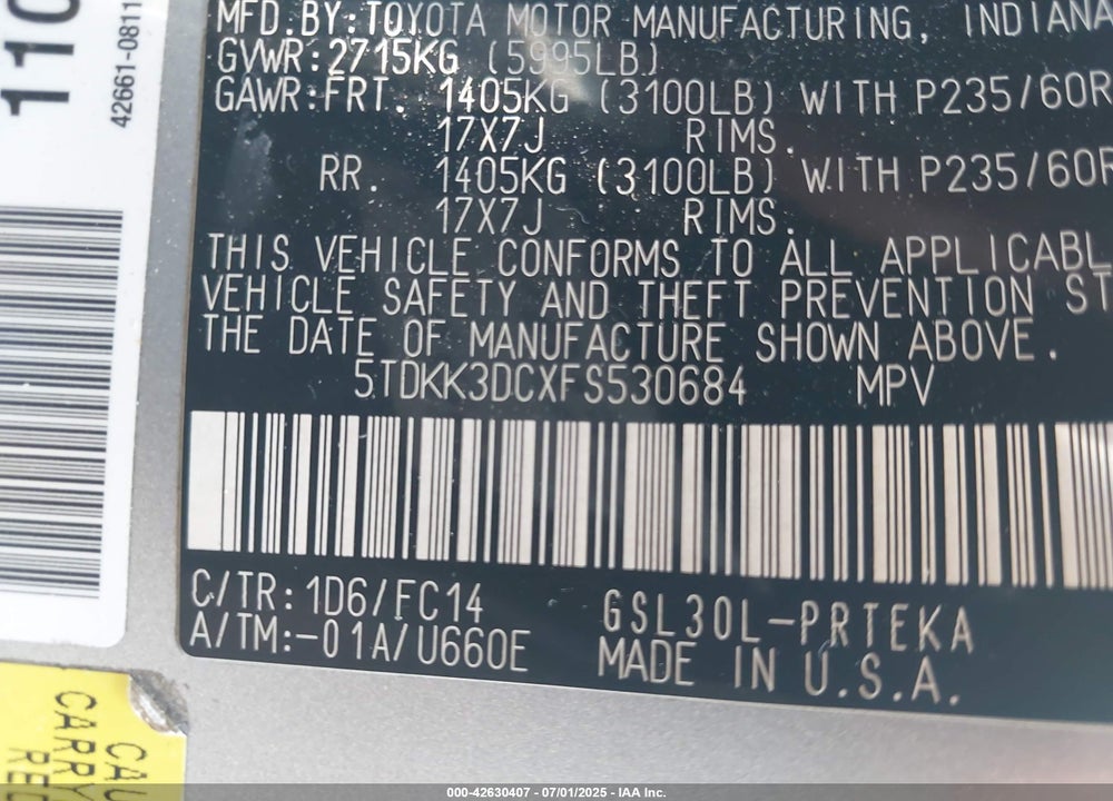 2015 TOYOTA SIENNA LE 8 PASSENGER VIN: 5TDKK3DCXFS530684