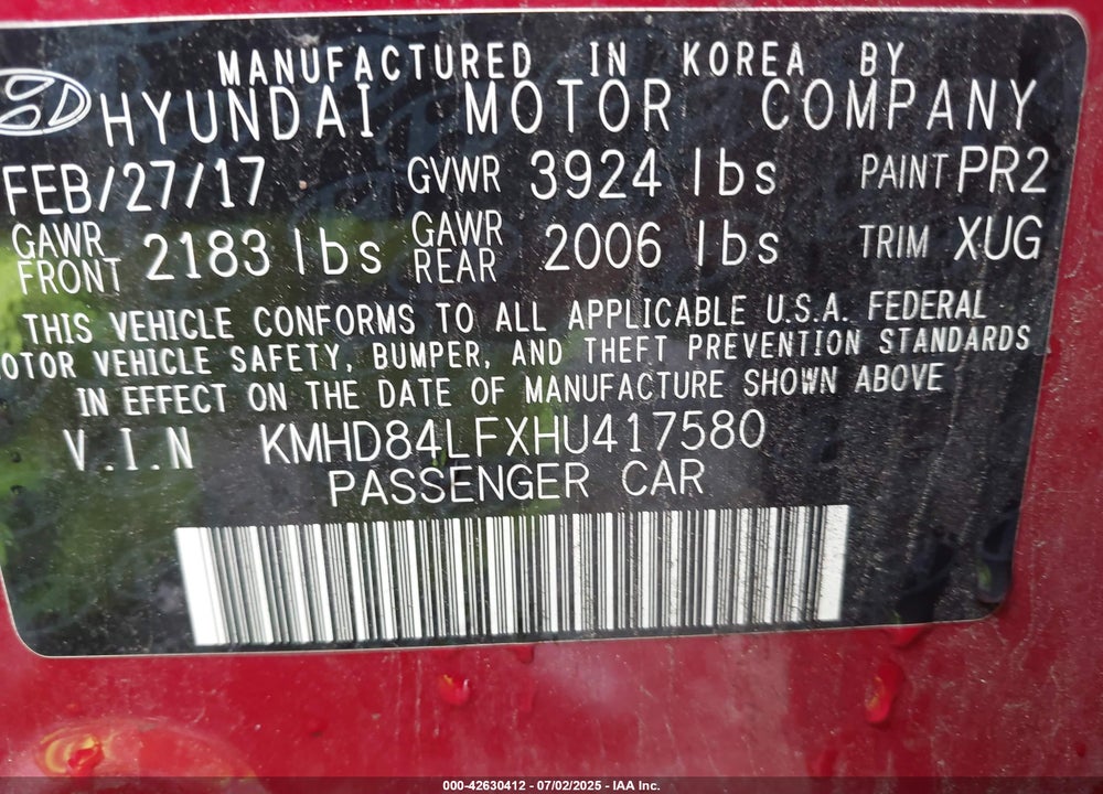2017 HYUNDAI ELANTRA VIN: KMHD84LFXHU417580