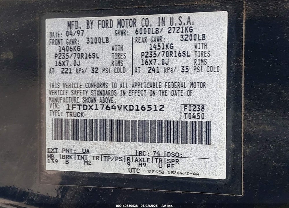 1997 FORD F-150 LARIAT/STANDARD/XL/XLT VIN: 1FTDX1764VKD16512