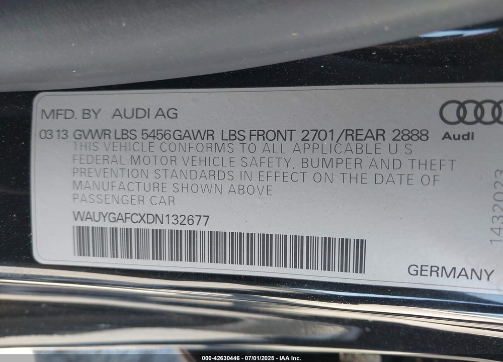 2013 AUDI A7 VIN: WAUYGAFCXDN132677