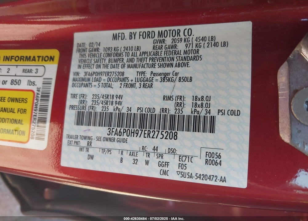 2014 FORD FUSION VIN: 3FA6P0H97ER275208