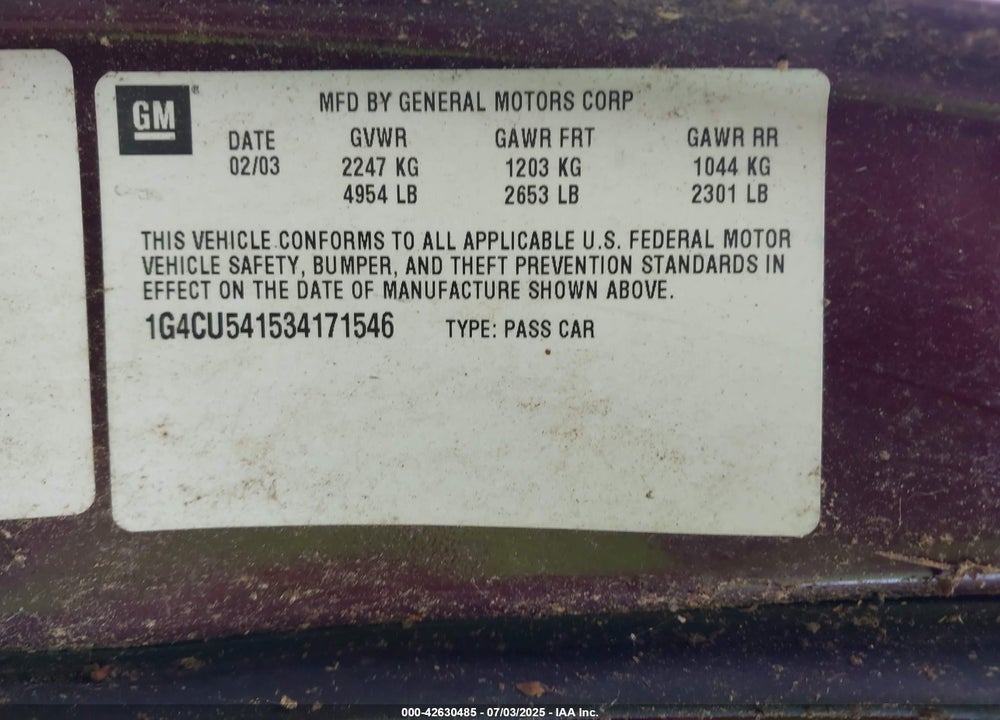 2003 BUICK PARK AVENUE ULTRA VIN: 1G4CU541534171546