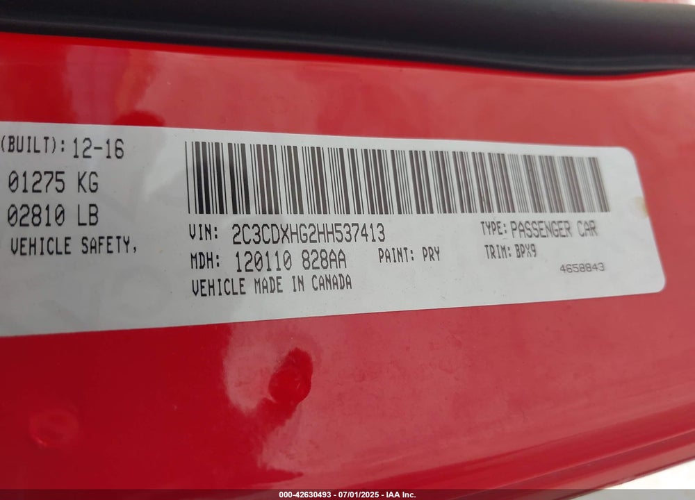 2017 DODGE CHARGER VIN: 2C3CDXHG2HH537413