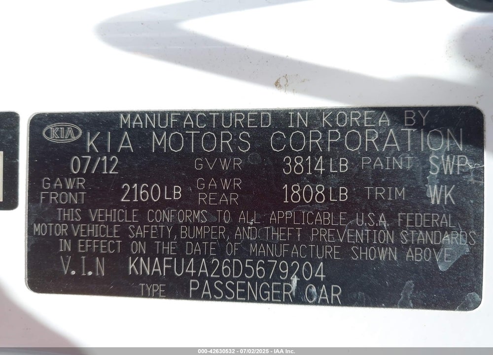 2013 KIA FORTE VIN: KNAFU4A26D5679204